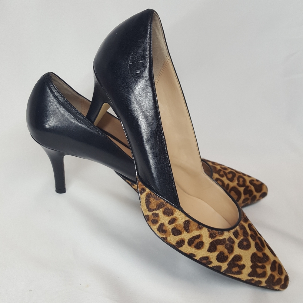 Cole Haan 8 black leather and leopard fur heels